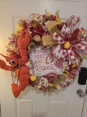 Handmade Yellow & Red Holiday Wreath with Plush Crawfish Boil Pinch Peel Eat